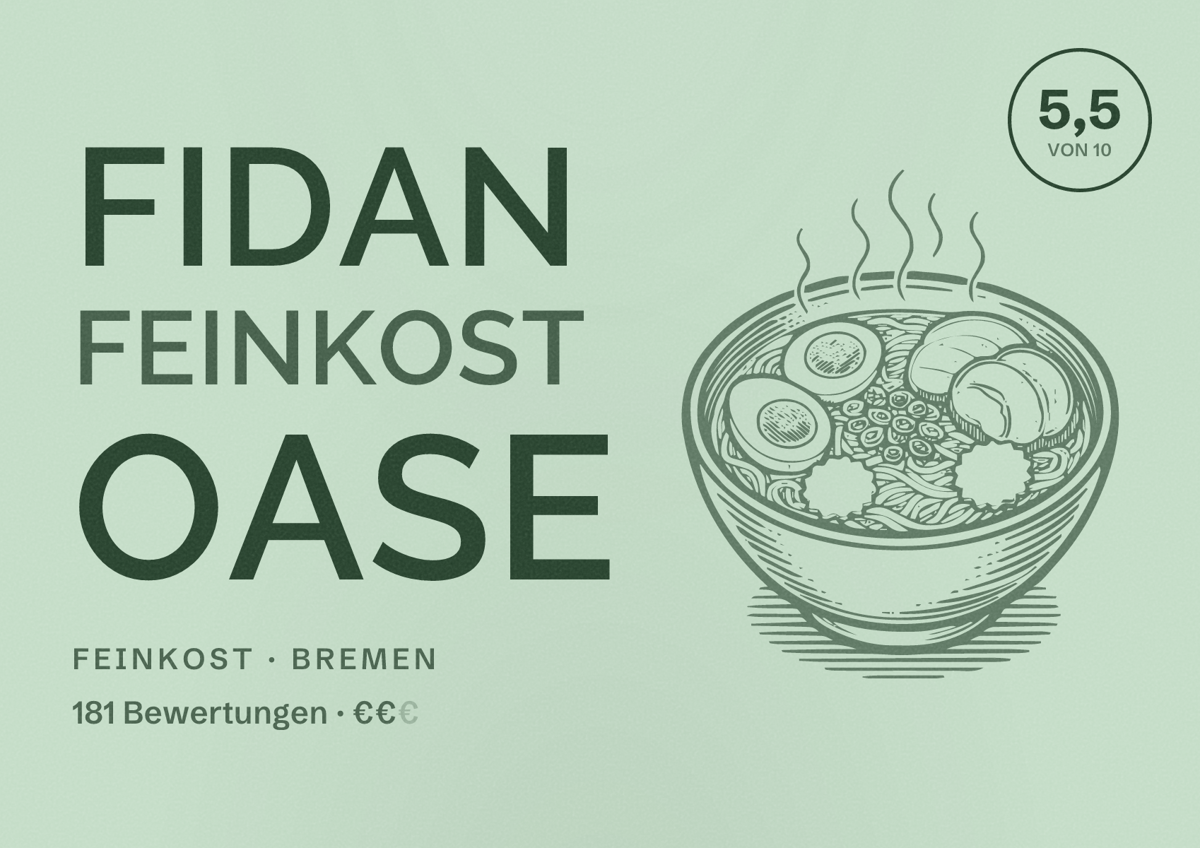 Illustriertes Poster von Fidan Feinkost Oase, Feinkost in Bremen: Bewertung 5,5 von 10 aus 181 Bewertungen, Preisniveau €€