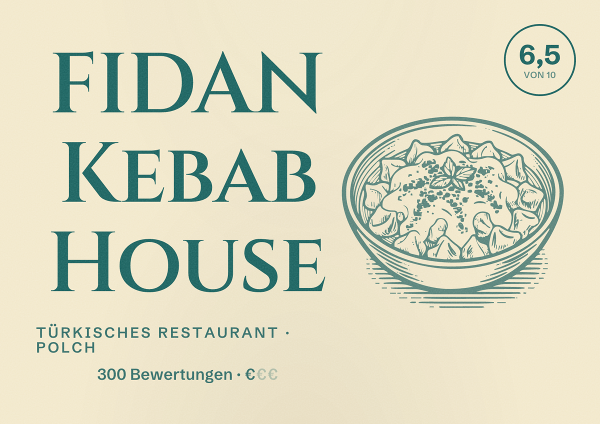 Illustriertes Poster von FIDAN Kebab House, Türkisches Restaurant in Polch: Bewertung 6,5 von 10 aus 300 Bewertungen, Preisniveau €