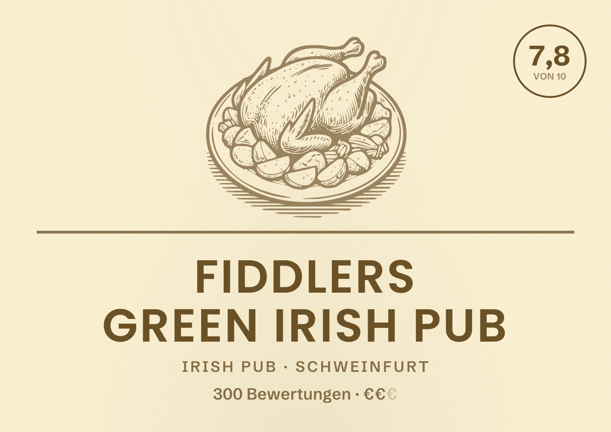 Illustriertes Poster von Fiddlers Green Irish Pub, Irish Pub in Schweinfurt: Bewertung 7,8 von 10 aus 300 Bewertungen, Preisniveau €€