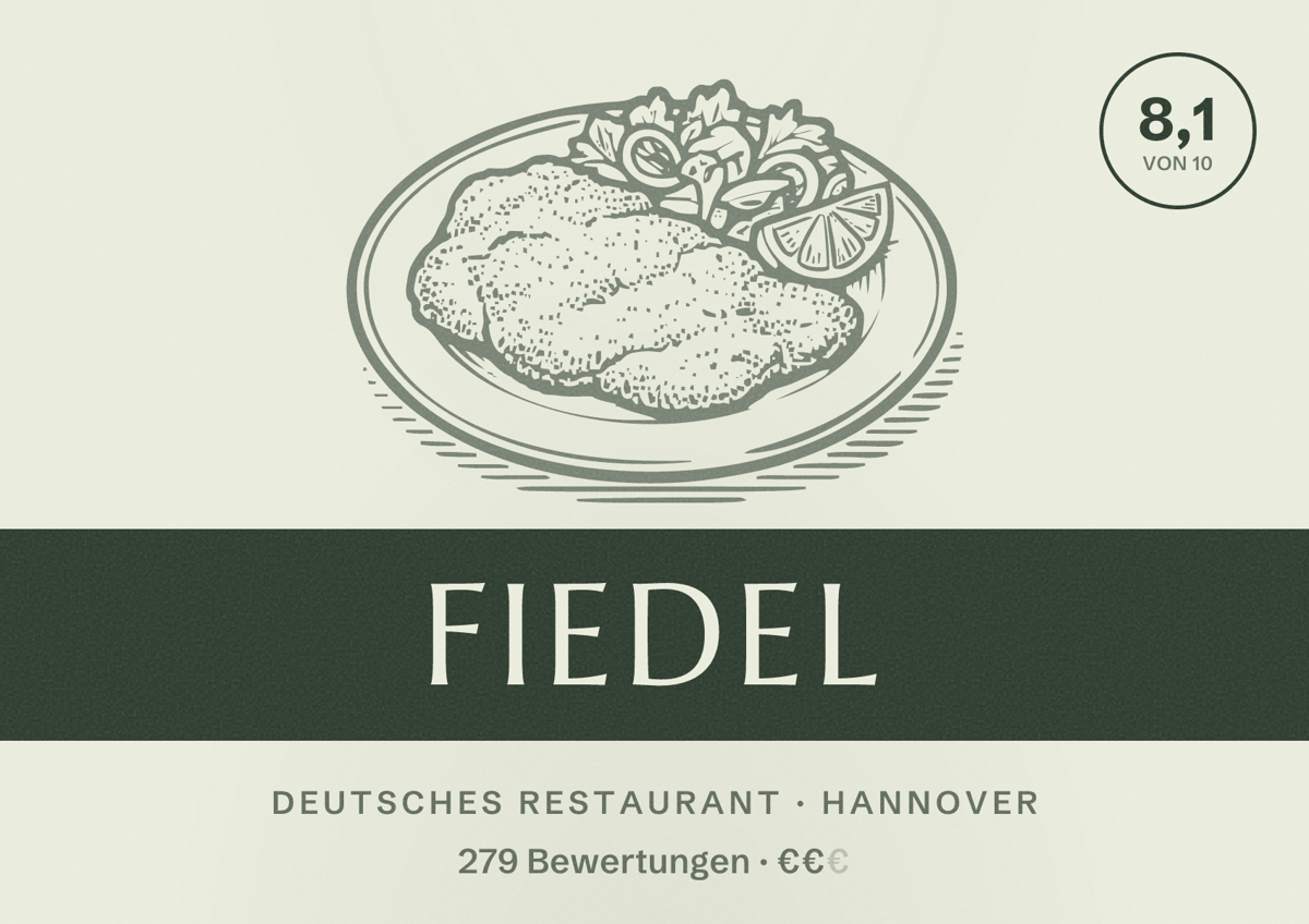 Illustriertes Poster von Fiedel, Deutsches Restaurant in Hannover: Bewertung 8,1 von 10 aus 279 Bewertungen, Preisniveau €€