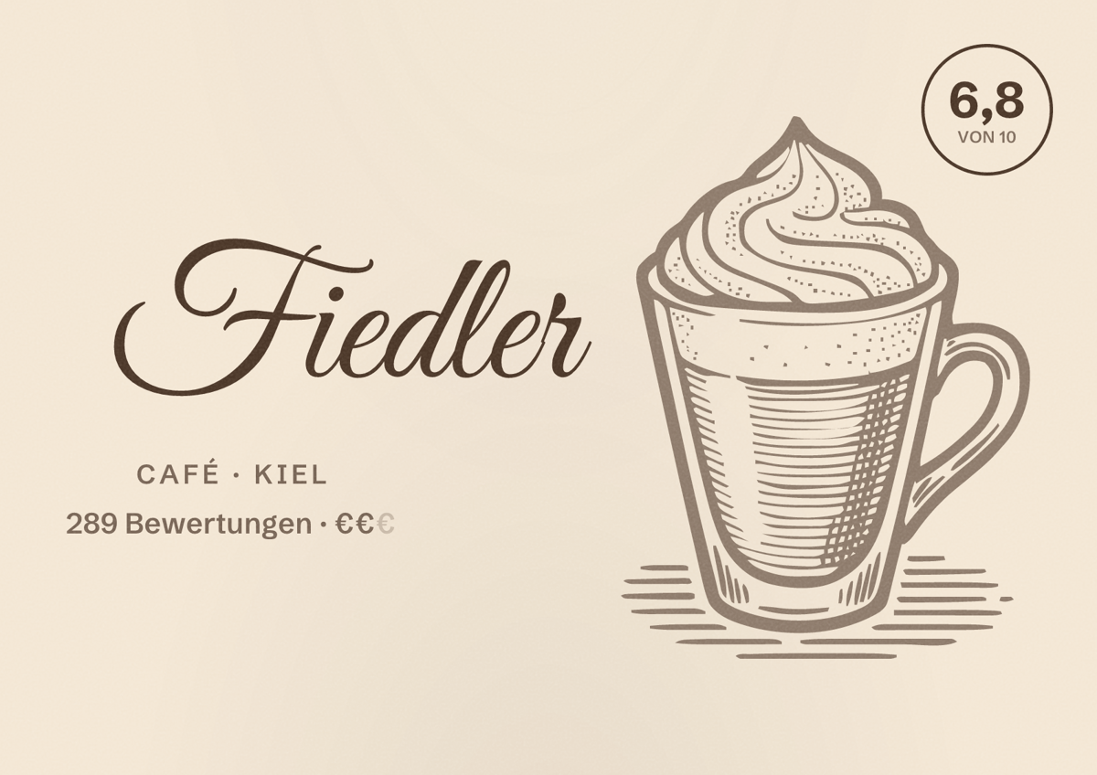Illustriertes Poster von Fiedler, Café in Kiel: Bewertung 6,8 von 10 aus 289 Bewertungen, Preisniveau €€