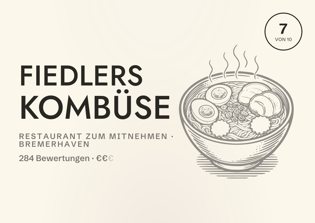 Illustriertes Poster von Fiedlers Kombüse, Restaurant zum Mitnehmen in Bremerhaven: Bewertung 7 von 10 aus 284 Bewertungen, Preisniveau €€