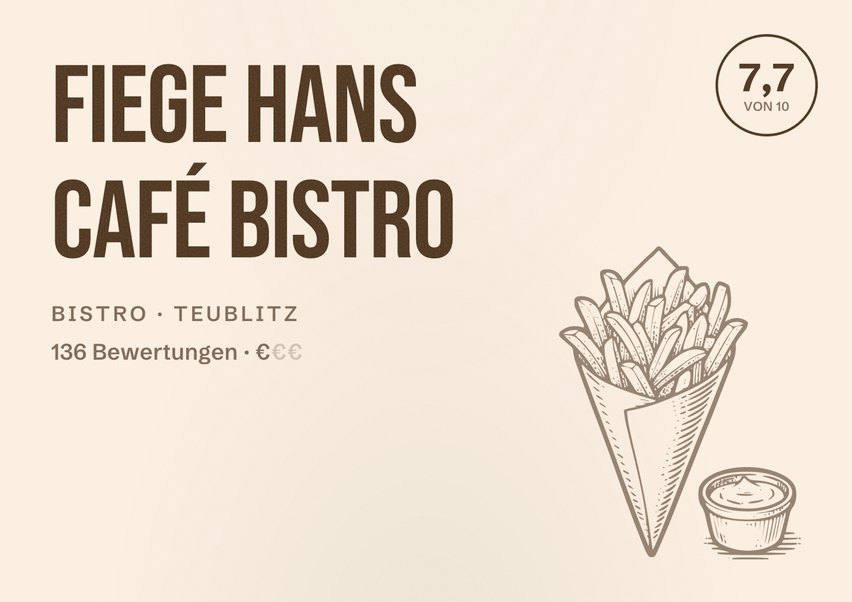 Illustriertes Poster von Fiege Hans Café Bistro, Bistro in Teublitz: Bewertung 7,7 von 10 aus 136 Bewertungen, Preisniveau €