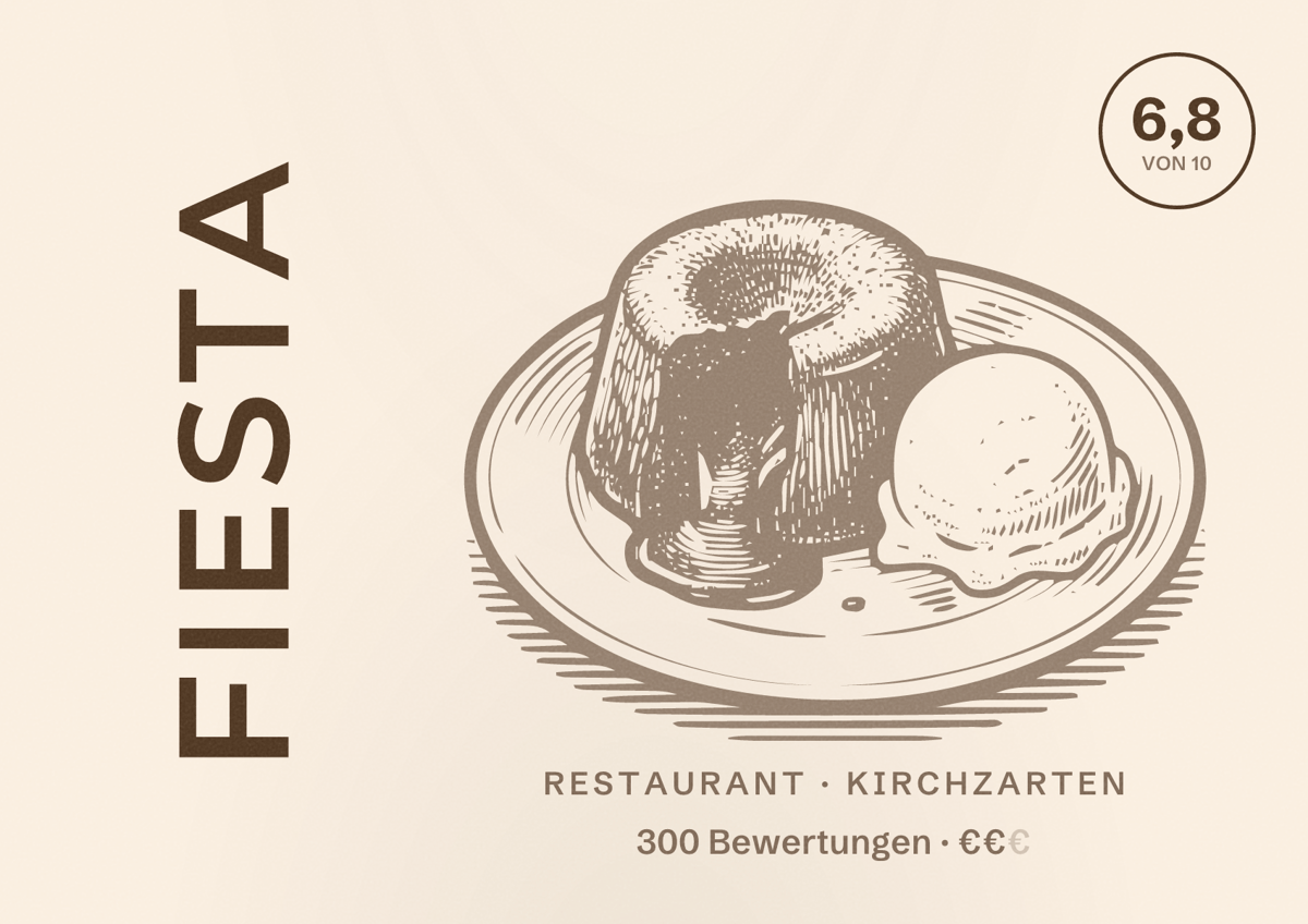 Illustriertes Poster von Fiesta, Restaurant in Kirchzarten: Bewertung 6,8 von 10 aus 300 Bewertungen, Preisniveau €€