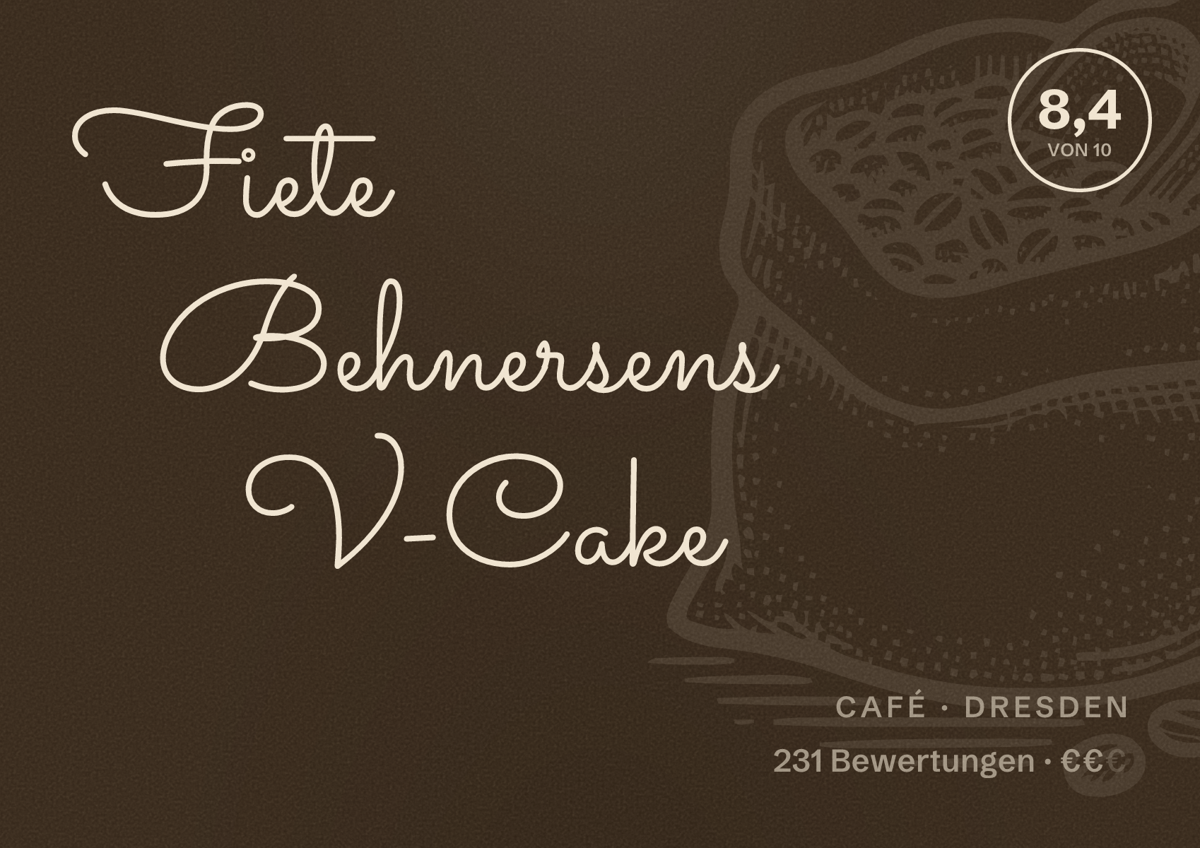 Illustriertes Poster von Fiete Behnersens V-Cake, Café in Dresden: Bewertung 8,4 von 10 aus 231 Bewertungen, Preisniveau €€