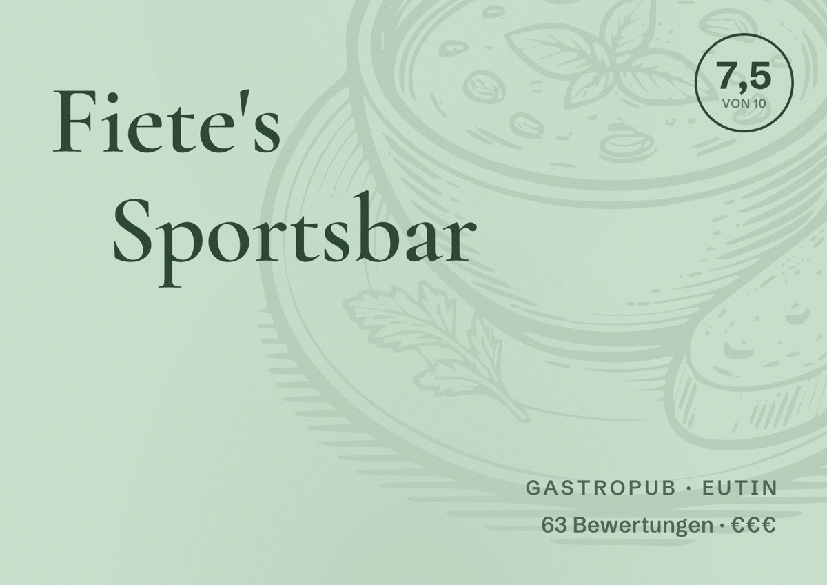 Illustriertes Poster von Fiete's Sportsbar, Gastropub in Eutin: Bewertung 7,5 von 10 aus 63 Bewertungen, Preisniveau €€€