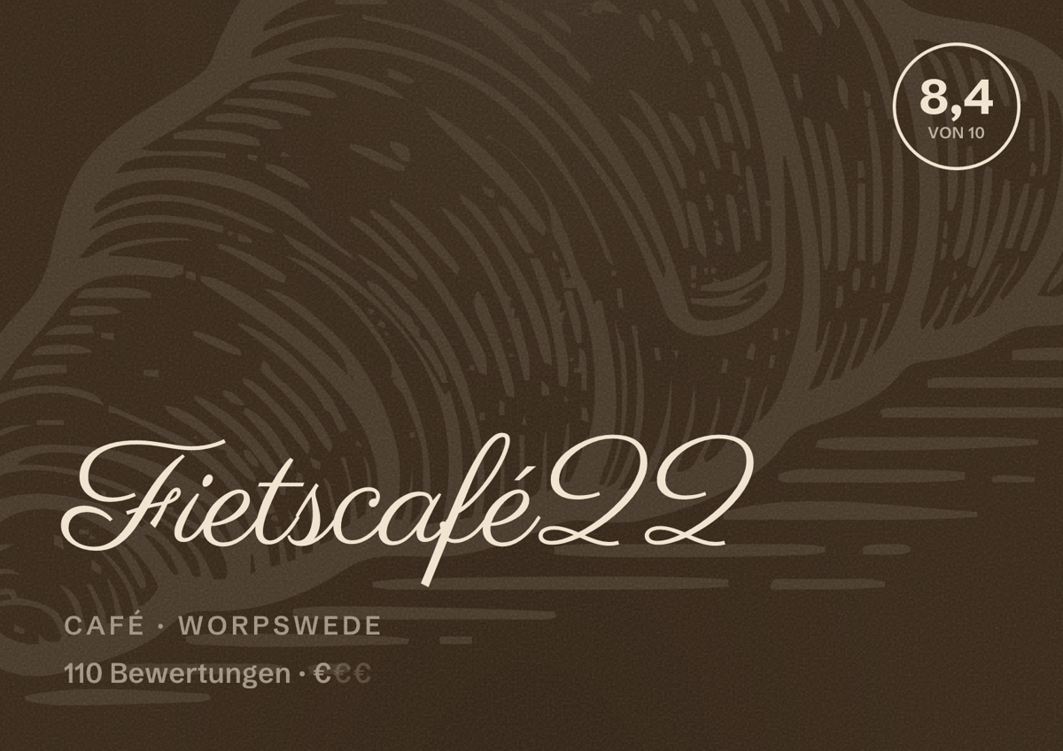 Illustriertes Poster von Fietscafé22, Café in Worpswede: Bewertung 8,4 von 10 aus 110 Bewertungen, Preisniveau €