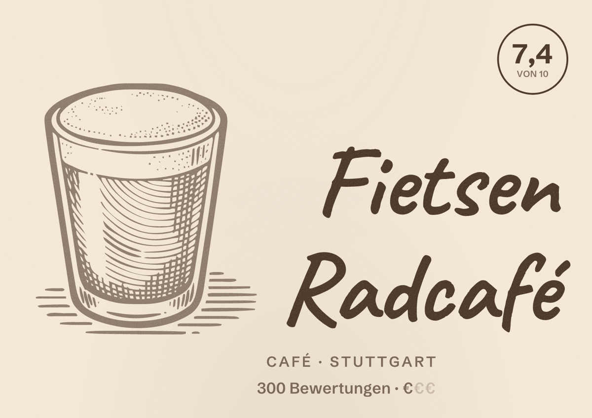 Illustriertes Poster von Fietsen Radcafé, Café in Stuttgart: Bewertung 7,4 von 10 aus 300 Bewertungen, Preisniveau €