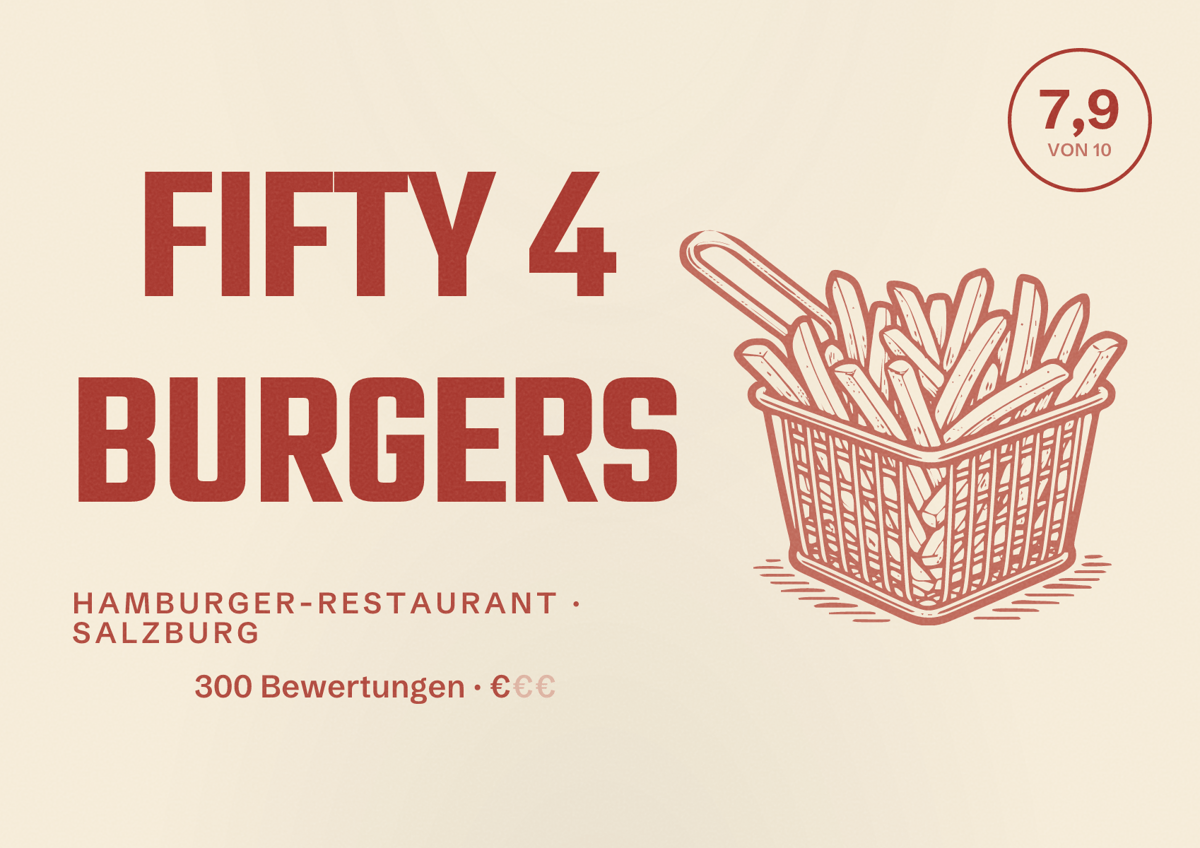 Illustriertes Poster von FIFTY 4 BURGERS, Hamburger-Restaurant in Salzburg: Bewertung 7,9 von 10 aus 300 Bewertungen, Preisniveau €