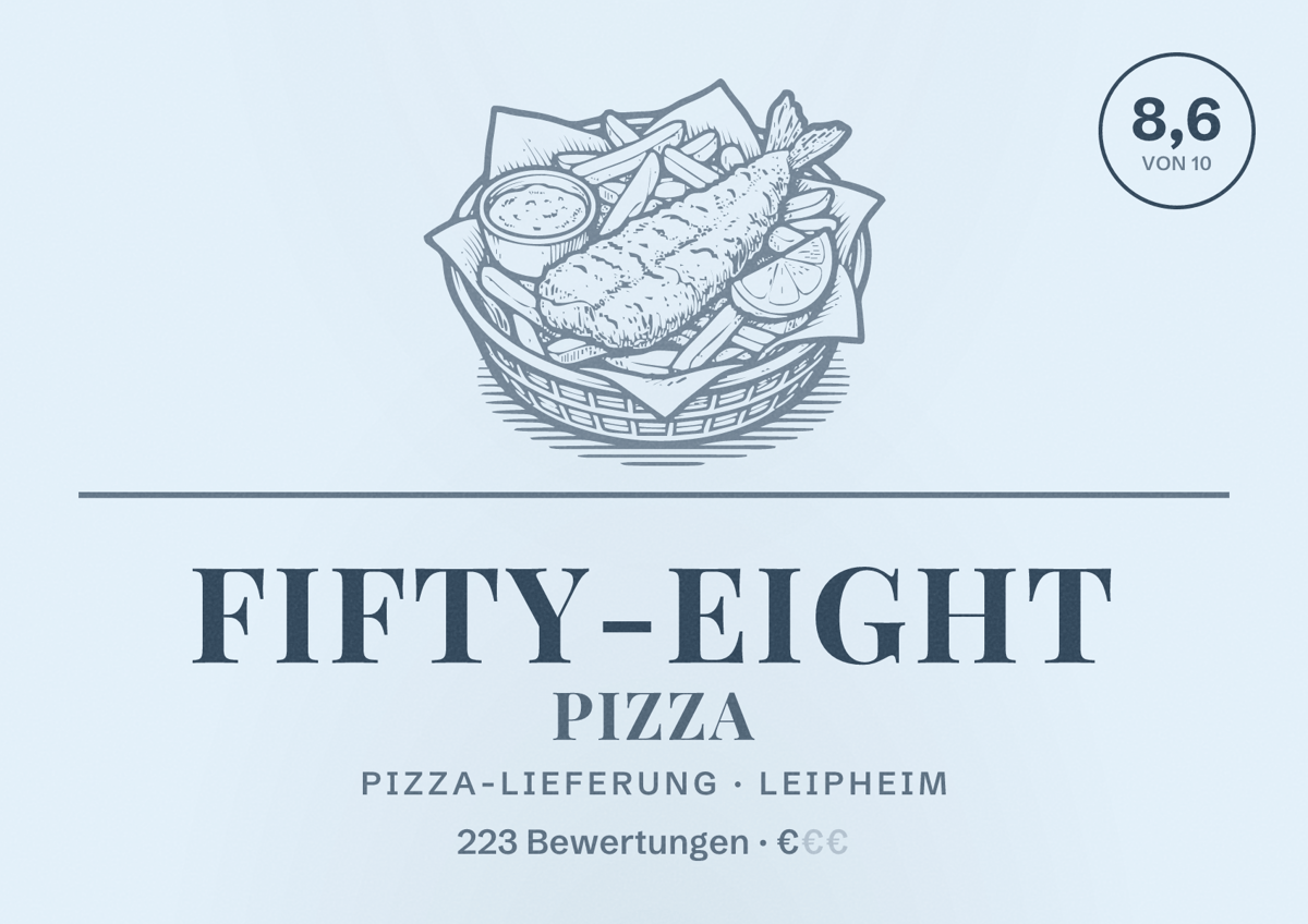 Illustriertes Poster von Fifty-Eight Pizza, Pizza-Lieferung in Leipheim: Bewertung 8,6 von 10 aus 223 Bewertungen, Preisniveau €