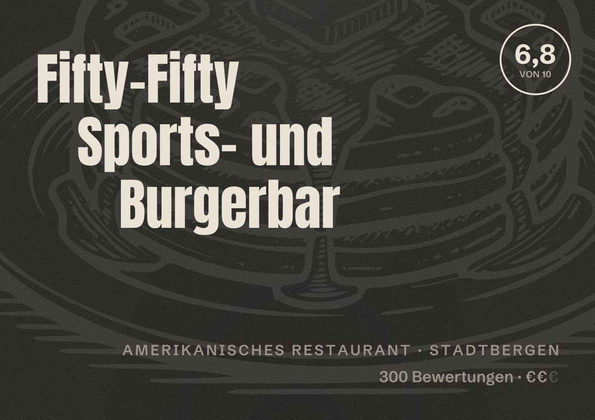 Illustriertes Poster von Fifty-Fifty Sports- und Burgerbar, Amerikanisches Restaurant in Stadtbergen: Bewertung 6,8 von 10 aus 300 Bewertungen, Preisniveau €€