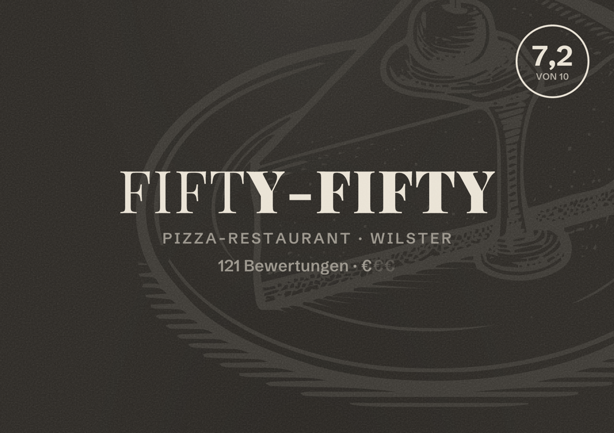 Illustriertes Poster von Fifty-Fifty, Pizza-Restaurant in Wilster: Bewertung 7,2 von 10 aus 121 Bewertungen, Preisniveau €