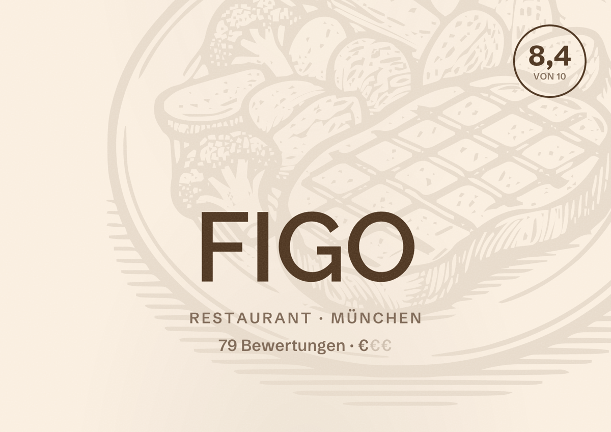 Illustriertes Poster von FIGO, Restaurant in München: Bewertung 8,4 von 10 aus 79 Bewertungen, Preisniveau €