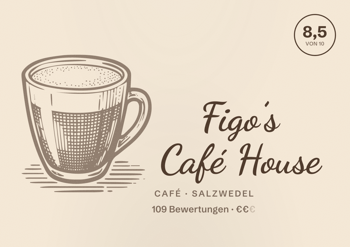Illustriertes Poster von Figo’s Café House, Café in Salzwedel: Bewertung 8,5 von 10 aus 109 Bewertungen, Preisniveau €€