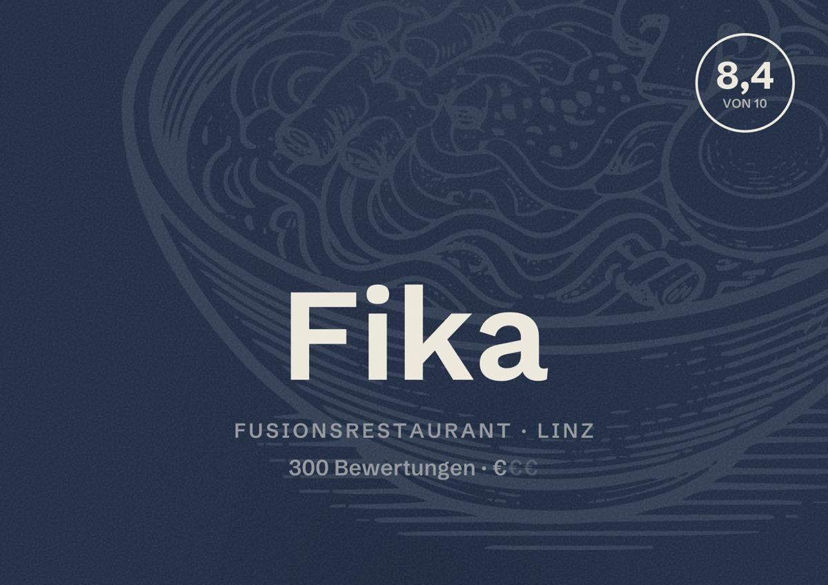 Illustriertes Poster von Fika, Fusionsrestaurant in Linz: Bewertung 8,4 von 10 aus 300 Bewertungen, Preisniveau €