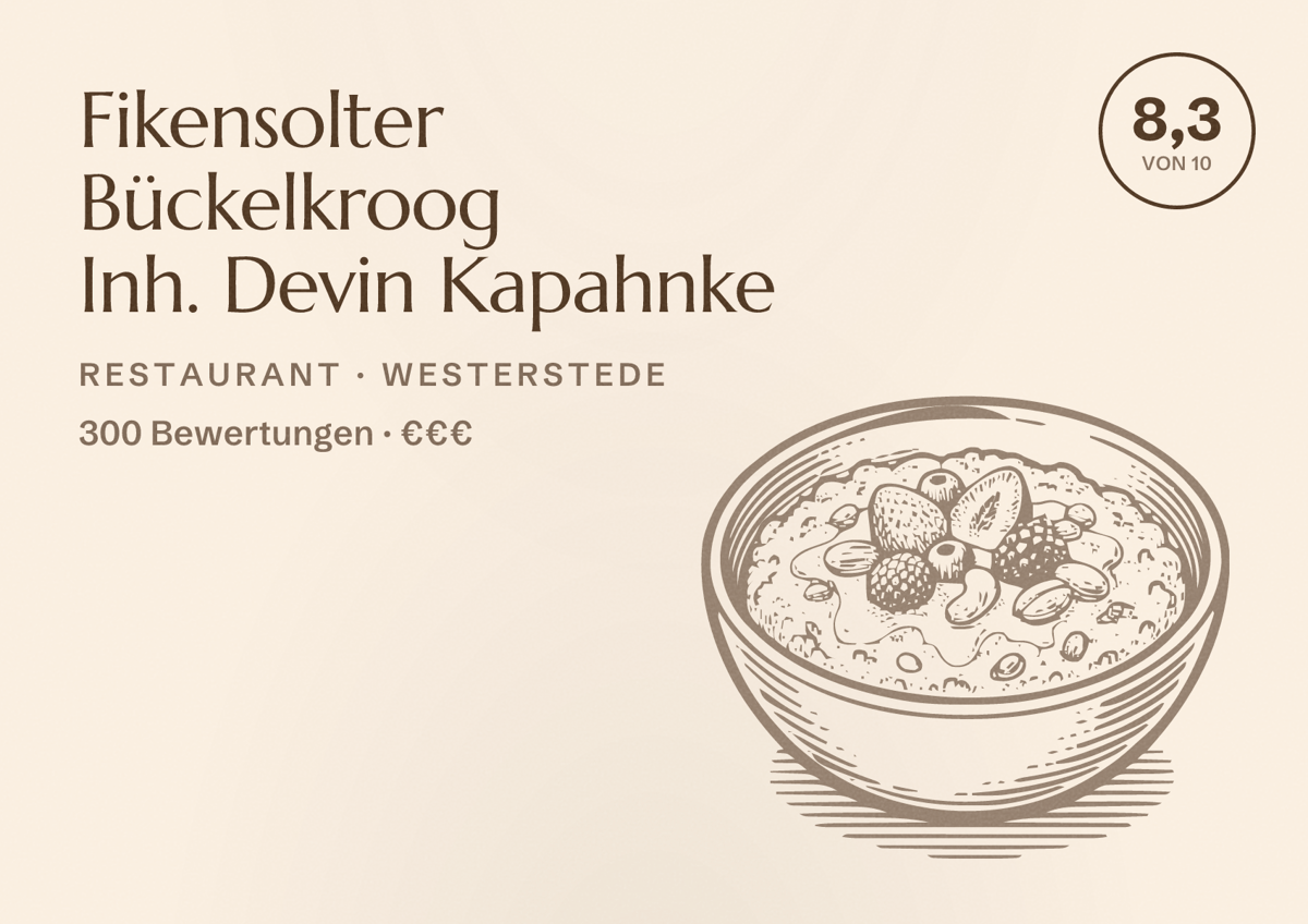Illustriertes Poster von Fikensolter Bückelkroog Inh. Devin Kapahnke, Restaurant in Westerstede: Bewertung 8,3 von 10 aus 300 Bewertungen, Preisniveau €€€