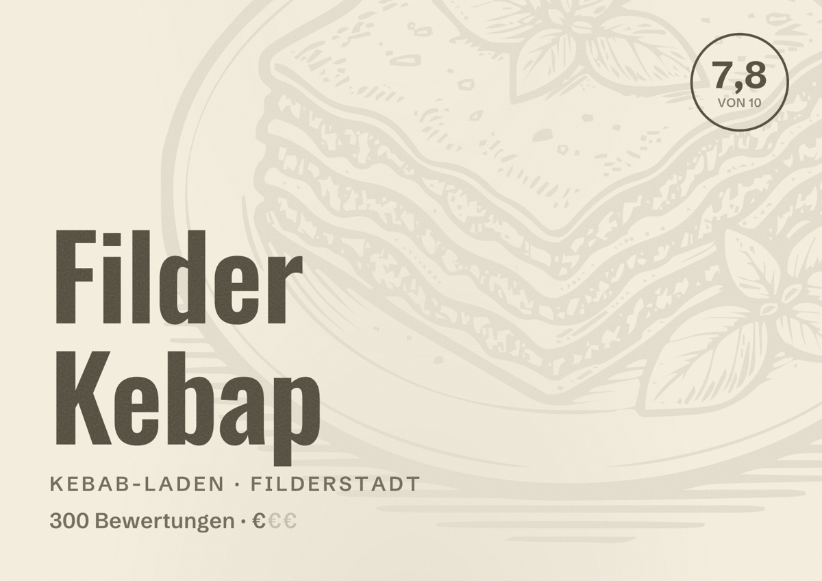 Illustriertes Poster von Filder Kebap, Kebab-Laden in Filderstadt: Bewertung 7,8 von 10 aus 300 Bewertungen, Preisniveau €