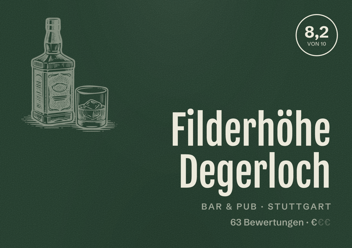 Illustriertes Poster von Filderhöhe Degerloch, Bar & Pub in Stuttgart: Bewertung 8,2 von 10 aus 63 Bewertungen, Preisniveau €