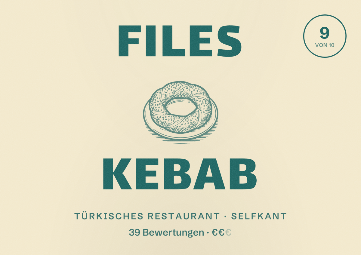 Illustriertes Poster von Files Kebab, Türkisches Restaurant in Selfkant: Bewertung 9 von 10 aus 39 Bewertungen, Preisniveau €€