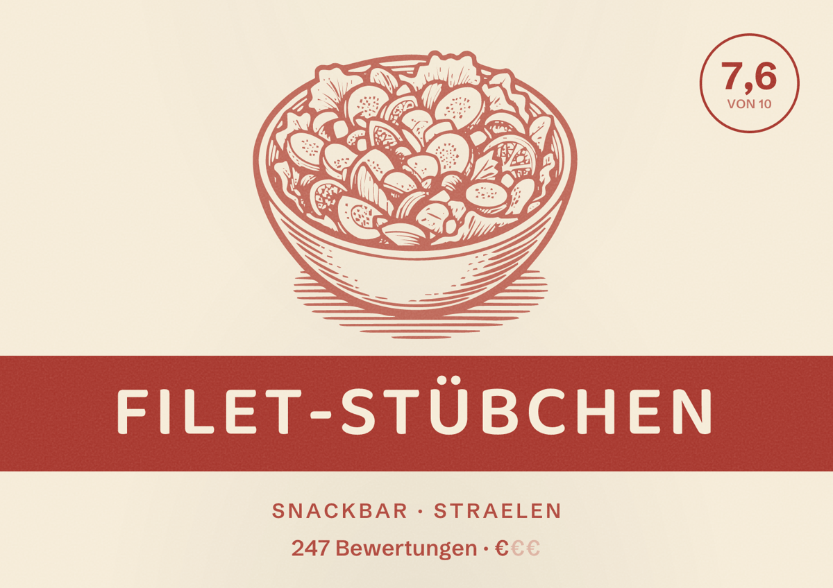 Illustriertes Poster von Filet-Stübchen, Snackbar in Straelen: Bewertung 7,6 von 10 aus 247 Bewertungen, Preisniveau €