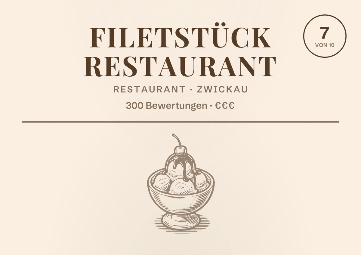 Illustriertes Poster von Filetstück Restaurant, Restaurant in Zwickau: Bewertung 7 von 10 aus 300 Bewertungen, Preisniveau €€€