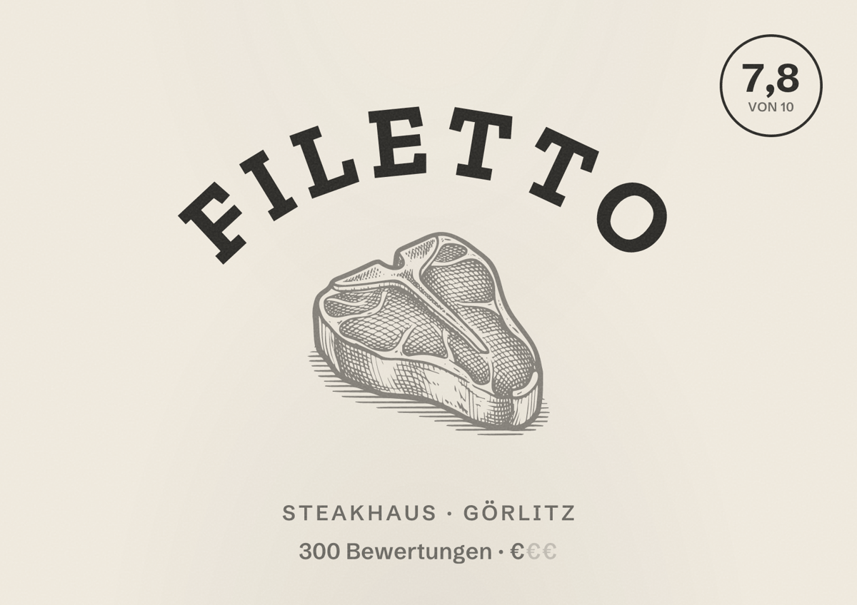 Illustriertes Poster von Filetto, Steakhaus in Görlitz: Bewertung 7,8 von 10 aus 300 Bewertungen, Preisniveau €