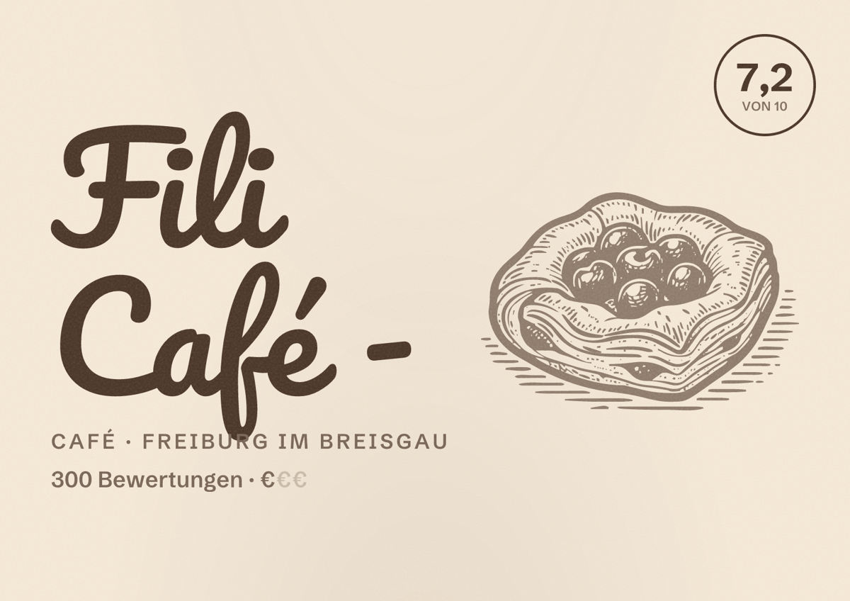 Illustriertes Poster von Fili Café -, Café in Freiburg im Breisgau: Bewertung 7,2 von 10 aus 300 Bewertungen, Preisniveau €