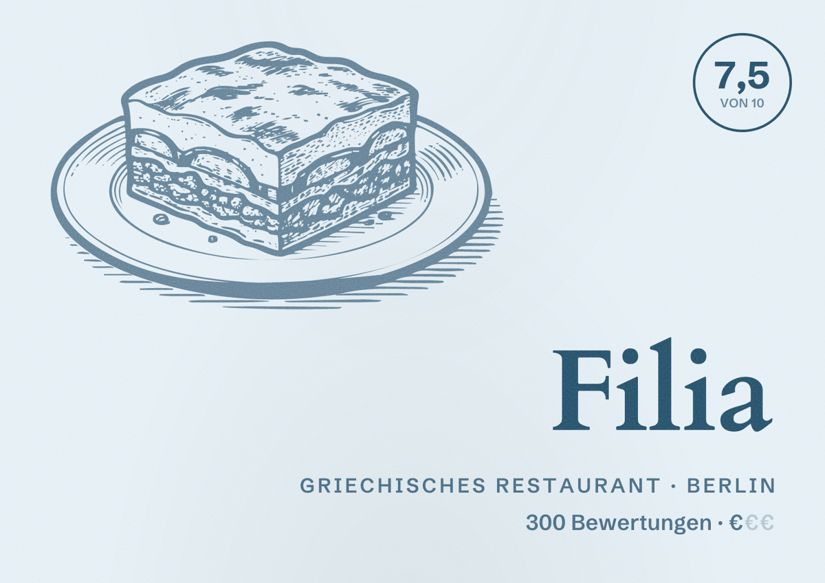 Illustriertes Poster von Filia, Griechisches Restaurant in Berlin: Bewertung 7,5 von 10 aus 300 Bewertungen, Preisniveau €