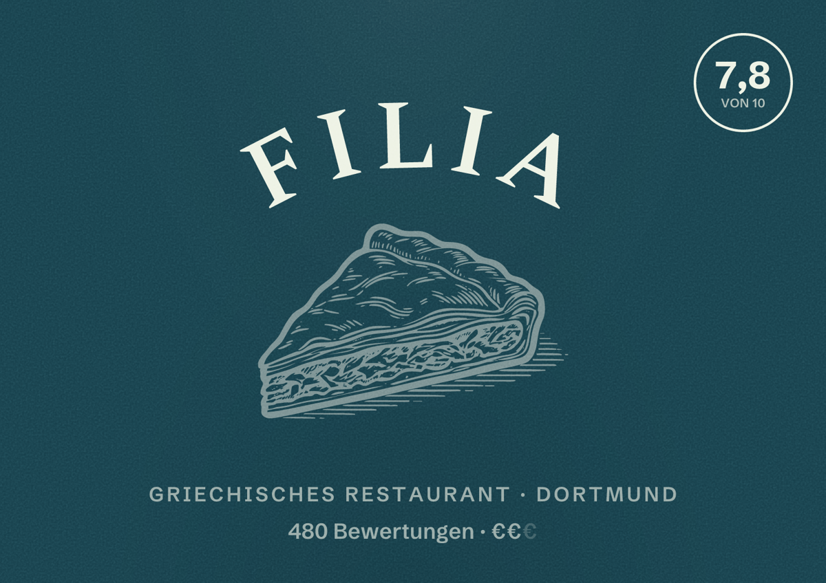 Illustriertes Poster von Filia, Griechisches Restaurant in Dortmund: Bewertung 7,8 von 10 aus 480 Bewertungen, Preisniveau €€