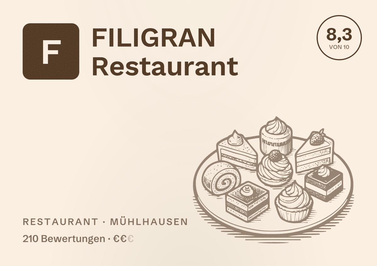 Illustriertes Poster von FILIGRAN Restaurant, Restaurant in Mühlhausen: Bewertung 8,3 von 10 aus 210 Bewertungen, Preisniveau €€