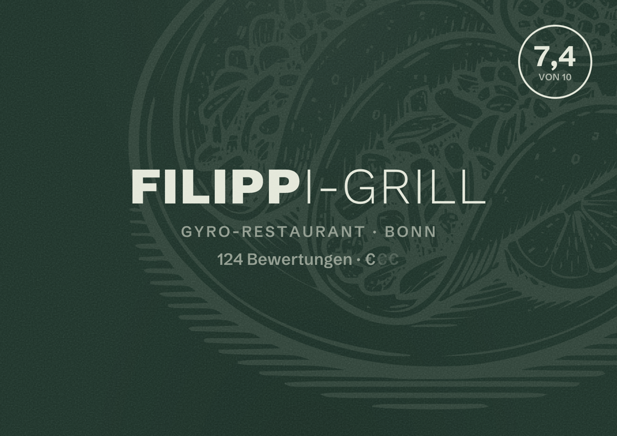 Illustriertes Poster von Filippi-Grill, Gyro-Restaurant in Bonn: Bewertung 7,4 von 10 aus 124 Bewertungen, Preisniveau €