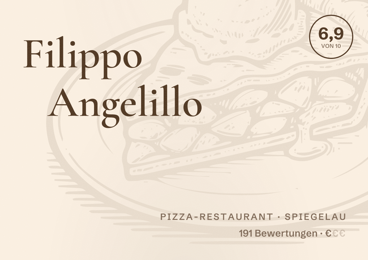 Illustriertes Poster von Filippo Angelillo, Pizza-Restaurant in Spiegelau: Bewertung 6,9 von 10 aus 191 Bewertungen, Preisniveau €