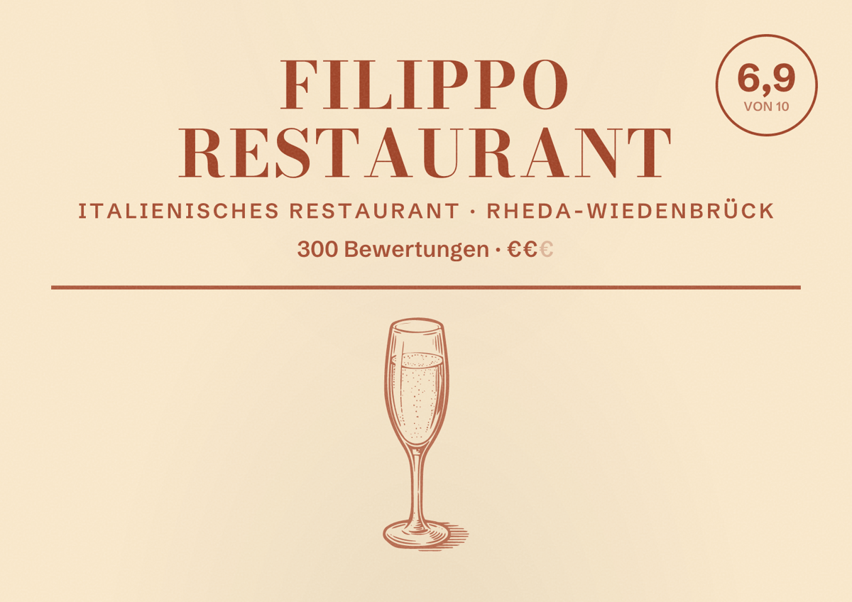 Illustriertes Poster von Filippo Restaurant, Italienisches Restaurant in Rheda-Wiedenbrück: Bewertung 6,9 von 10 aus 300 Bewertungen, Preisniveau €€