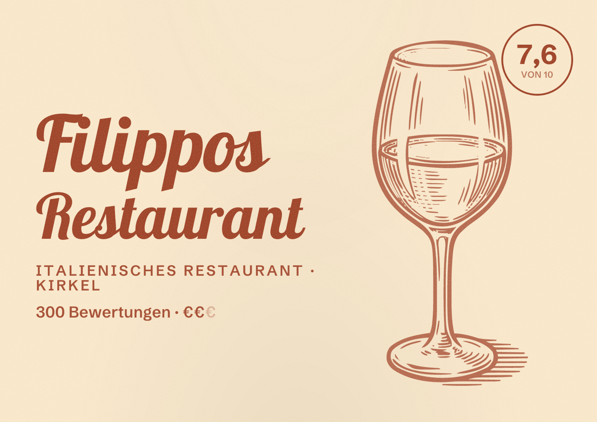 Illustriertes Poster von Filippos Restaurant, Italienisches Restaurant in Kirkel: Bewertung 7,6 von 10 aus 300 Bewertungen, Preisniveau €€