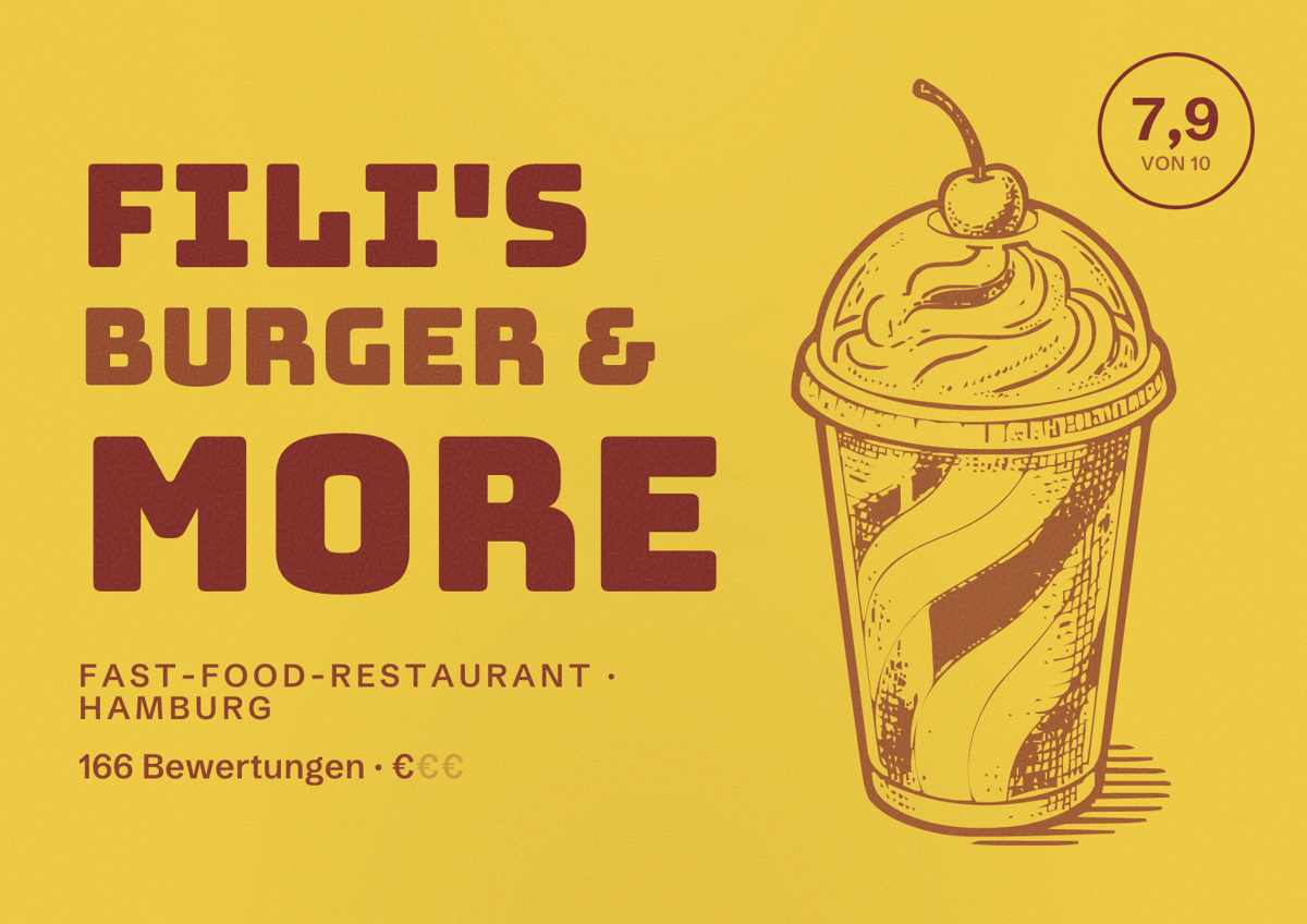 Illustriertes Poster von Fili'S Burger & More, Fast-Food-Restaurant in Hamburg: Bewertung 7,9 von 10 aus 166 Bewertungen, Preisniveau €