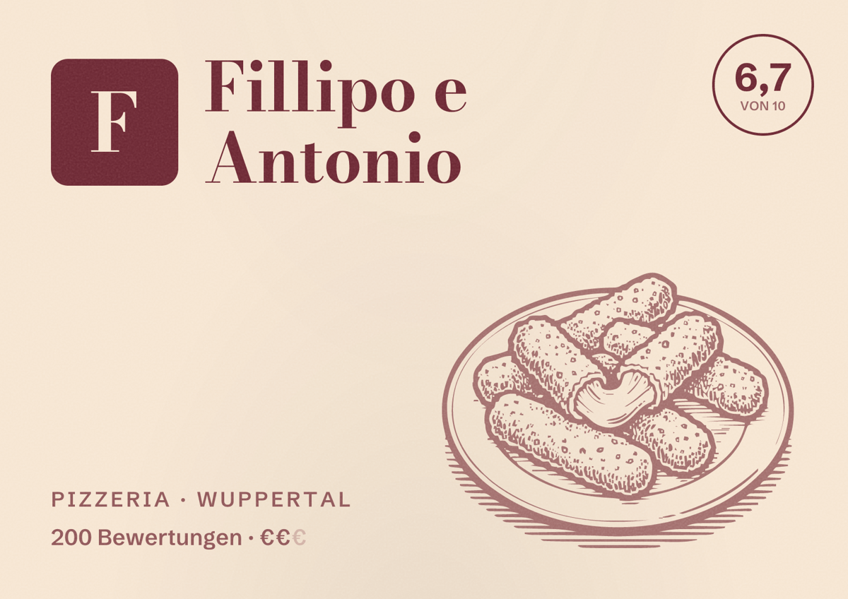 Illustriertes Poster von Fillipo e Antonio, Pizzeria in Wuppertal: Bewertung 6,7 von 10 aus 200 Bewertungen, Preisniveau €€