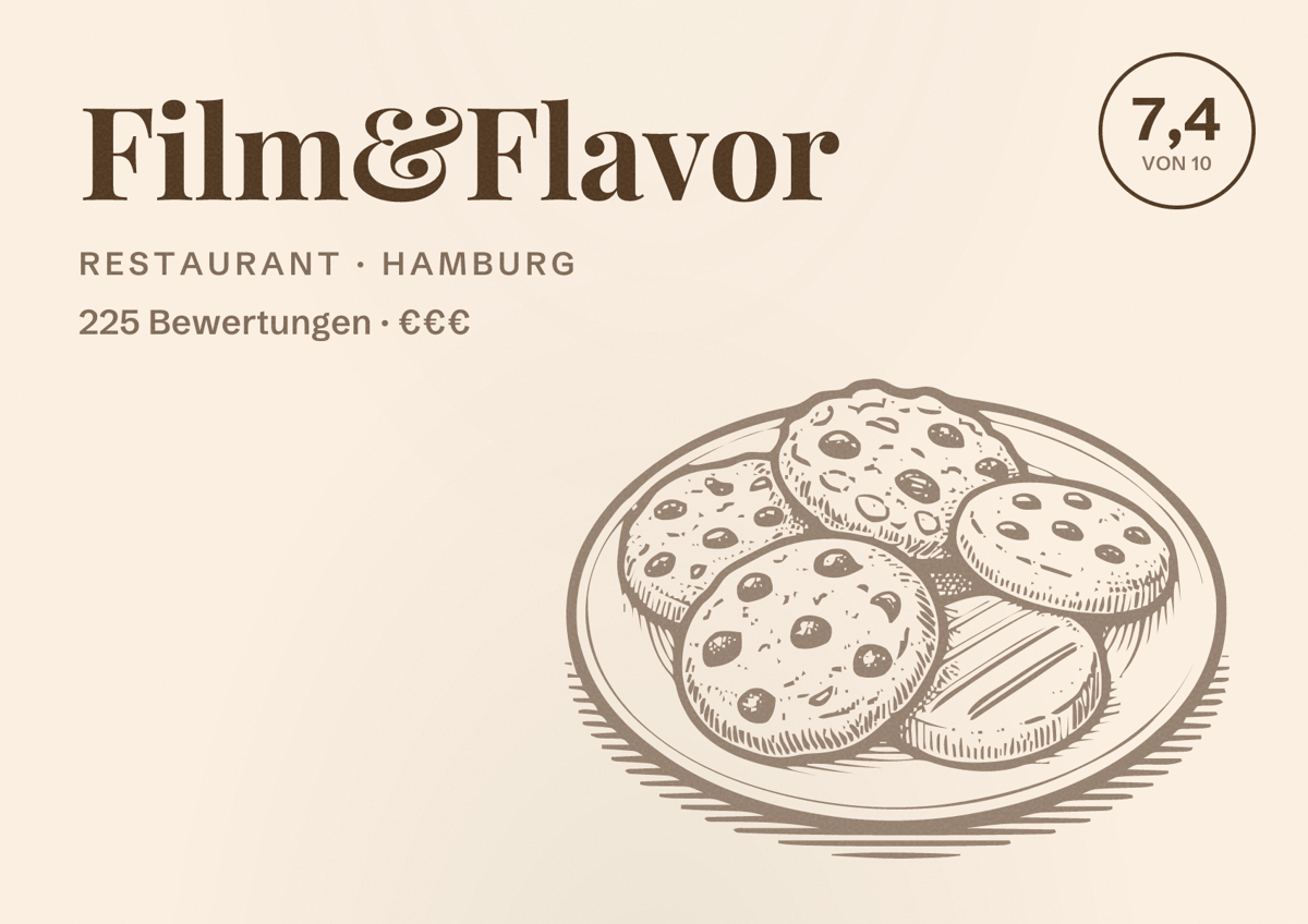 Illustriertes Poster von Film&Flavor, Restaurant in Hamburg: Bewertung 7,4 von 10 aus 225 Bewertungen, Preisniveau €€€