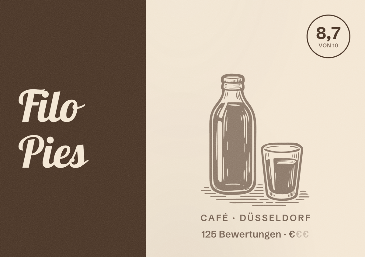 Illustriertes Poster von Filo Pies, Café in Düsseldorf: Bewertung 8,7 von 10 aus 125 Bewertungen, Preisniveau €