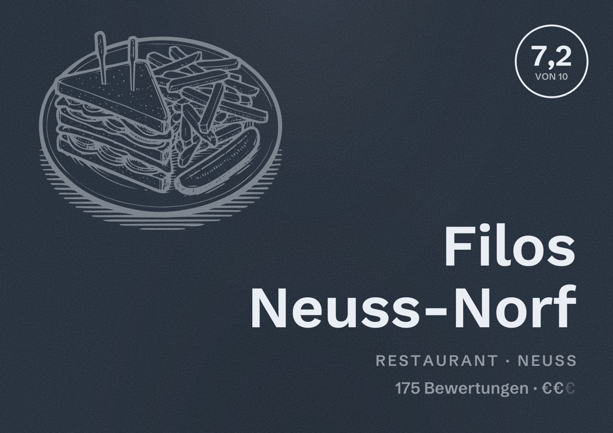 Illustriertes Poster von Filos Neuss-Norf, Restaurant in Neuss: Bewertung 7,2 von 10 aus 175 Bewertungen, Preisniveau €€