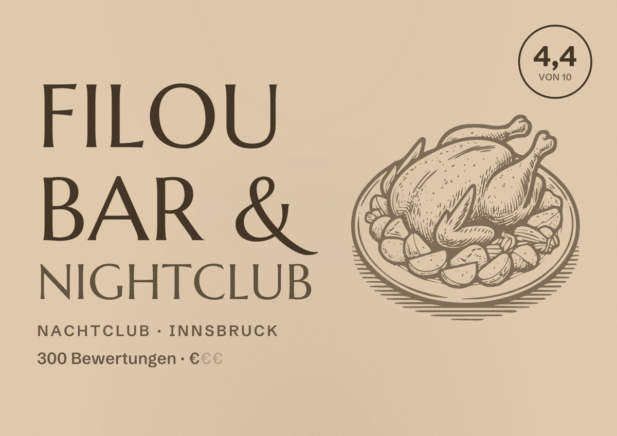 Illustriertes Poster von Filou Bar & Nightclub, Nachtclub in Innsbruck: Bewertung 4,4 von 10 aus 300 Bewertungen, Preisniveau €