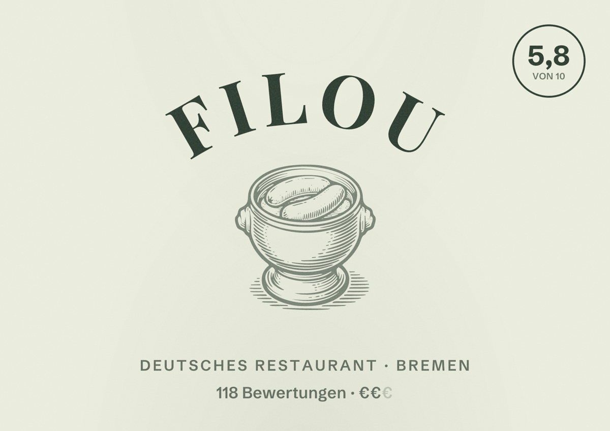 Illustriertes Poster von Filou, Deutsches Restaurant in Bremen: Bewertung 5,8 von 10 aus 118 Bewertungen, Preisniveau €€