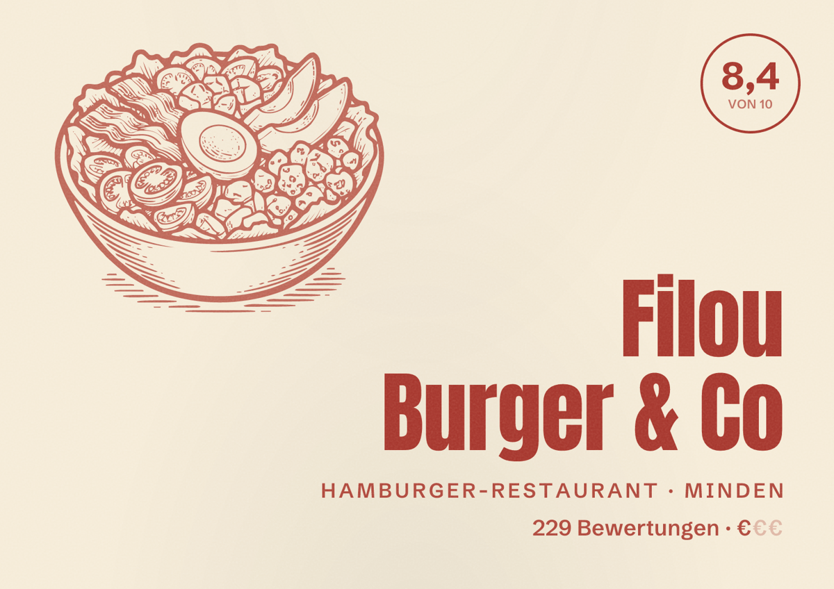 Illustriertes Poster von Filou Burger & Co, Hamburger-Restaurant in Minden: Bewertung 8,4 von 10 aus 229 Bewertungen, Preisniveau €
