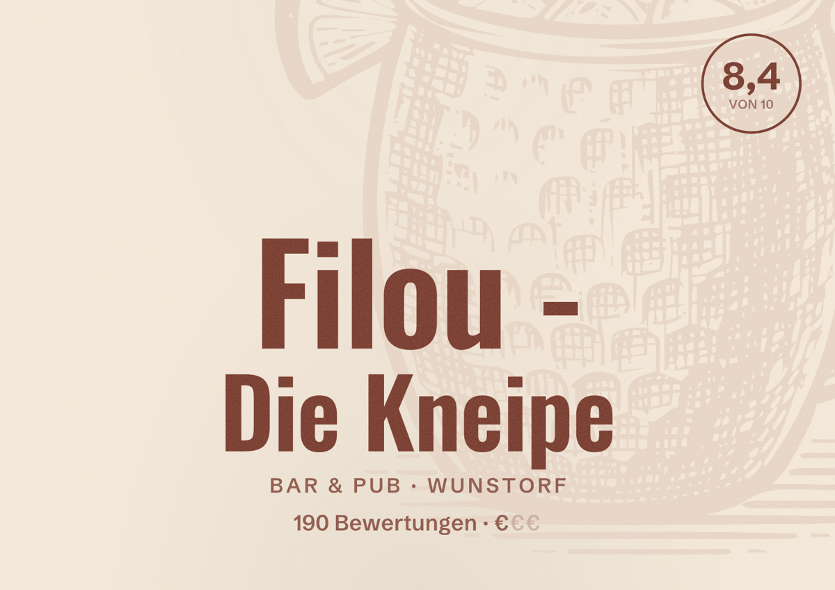 Illustriertes Poster von Filou - Die Kneipe, Bar & Pub in Wunstorf: Bewertung 8,4 von 10 aus 190 Bewertungen, Preisniveau €