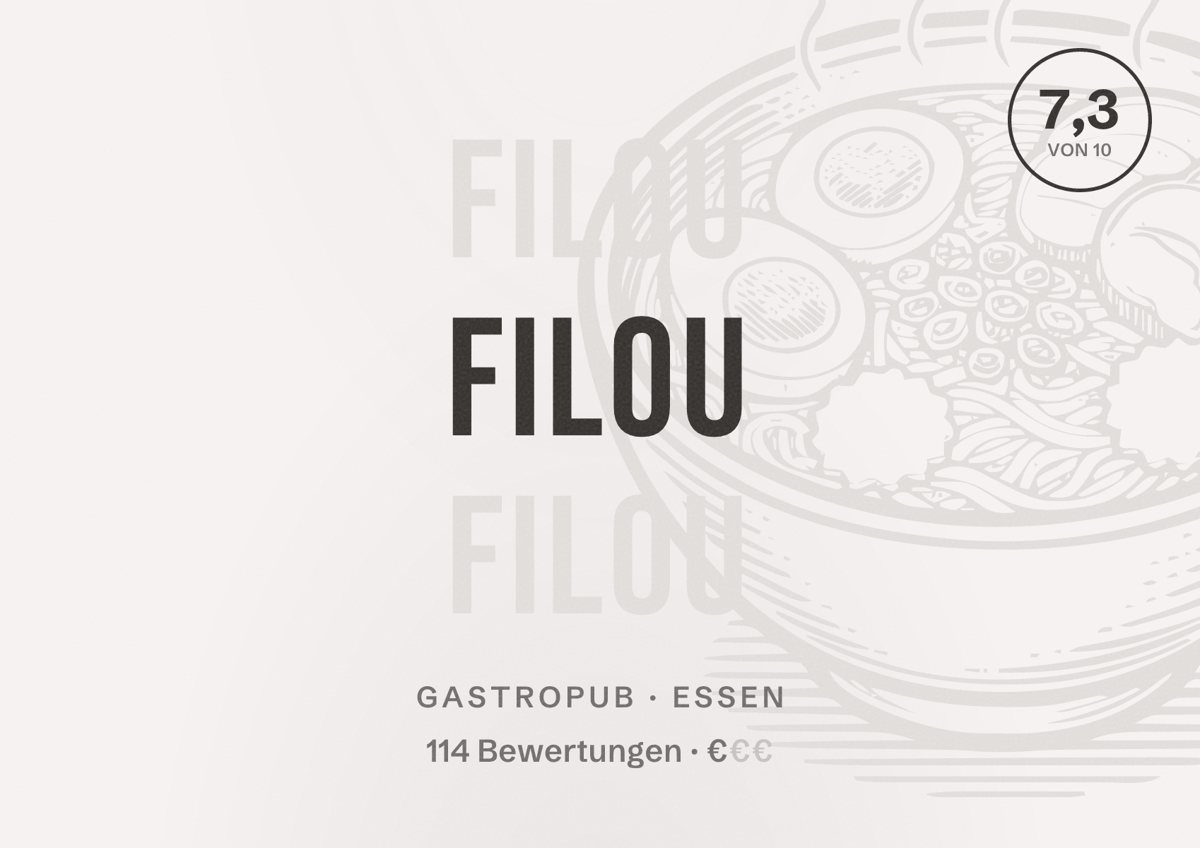 Illustriertes Poster von Filou, Gastropub in Essen: Bewertung 7,3 von 10 aus 114 Bewertungen, Preisniveau €