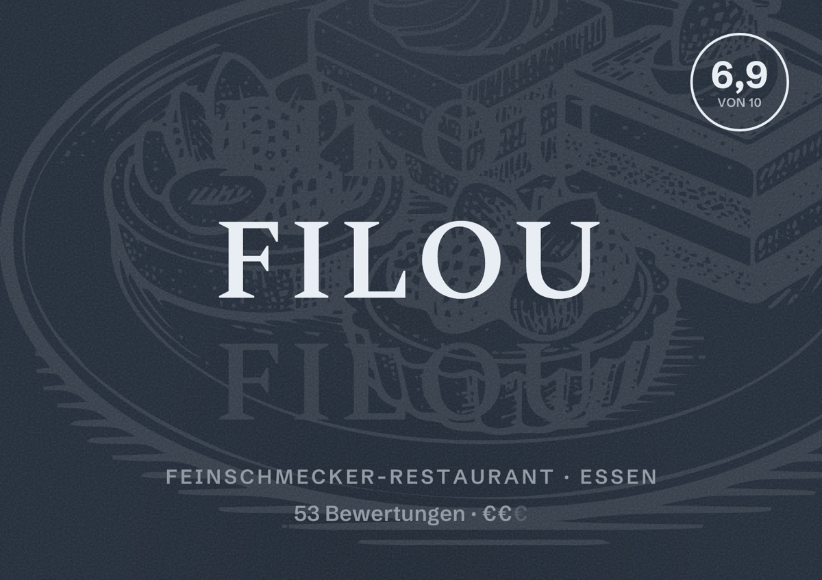 Illustriertes Poster von Filou, Feinschmecker-Restaurant in Essen: Bewertung 6,9 von 10 aus 53 Bewertungen, Preisniveau €€