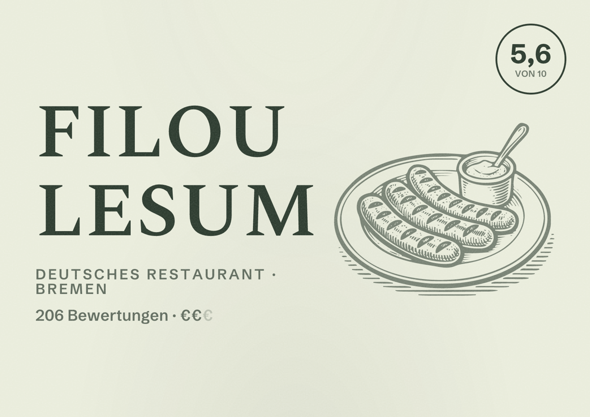 Illustriertes Poster von Filou Lesum, Deutsches Restaurant in Bremen: Bewertung 5,6 von 10 aus 206 Bewertungen, Preisniveau €€