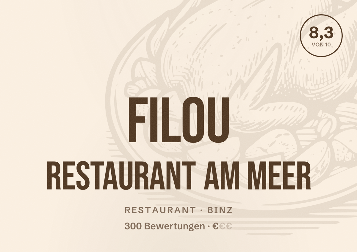 Illustriertes Poster von Filou Restaurant am Meer, Restaurant in Binz: Bewertung 8,3 von 10 aus 300 Bewertungen, Preisniveau €
