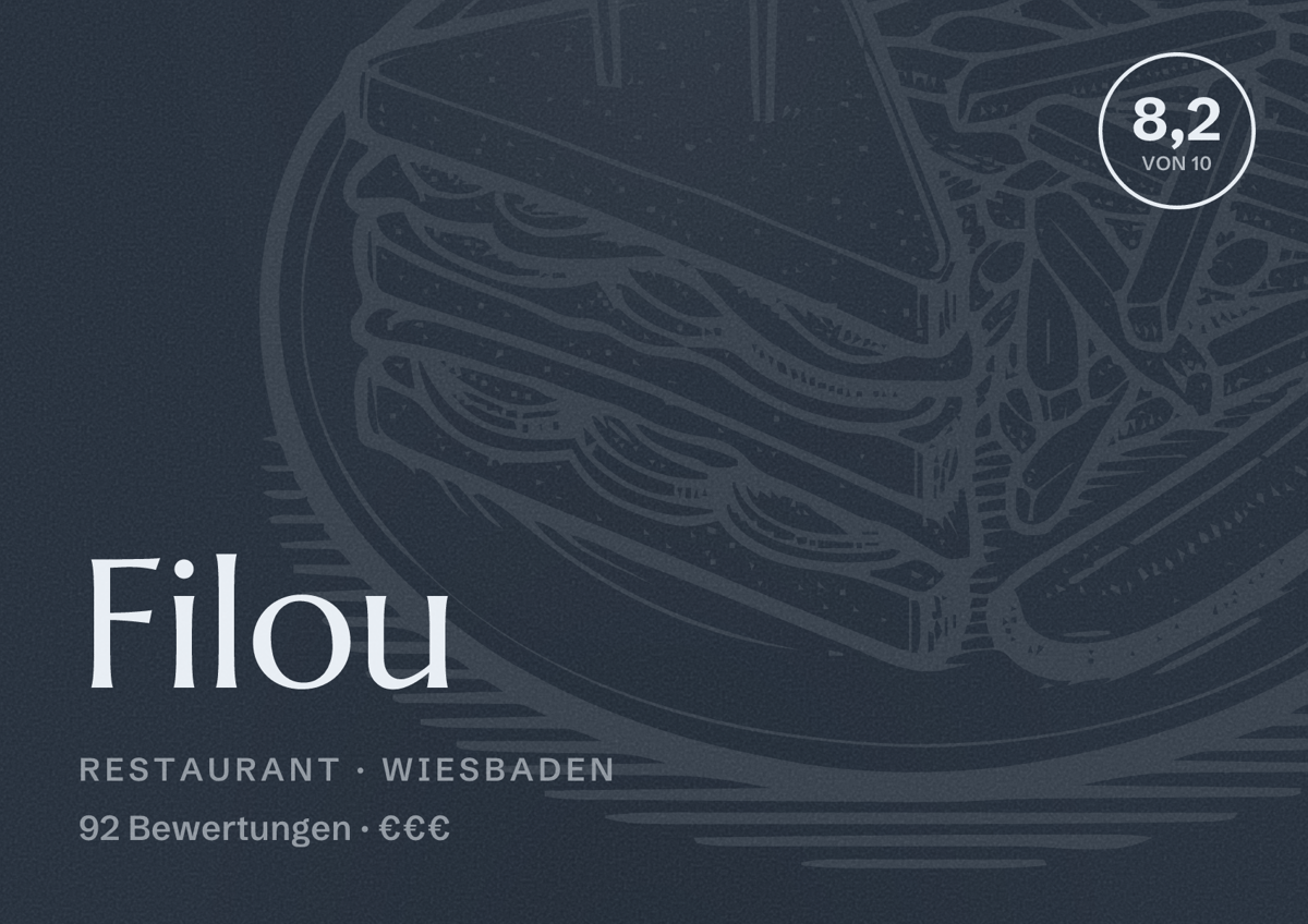 Illustriertes Poster von Filou, Restaurant in Wiesbaden: Bewertung 8,2 von 10 aus 92 Bewertungen, Preisniveau €€€