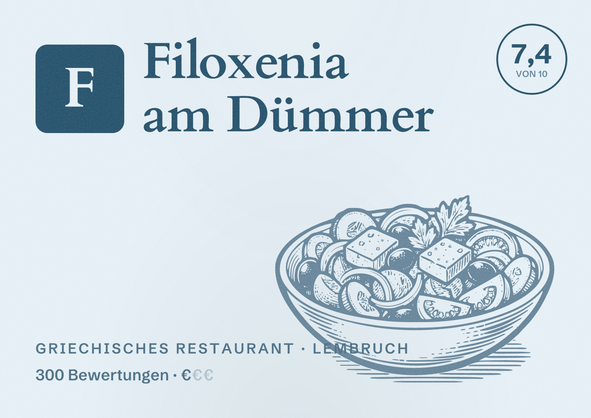 Illustriertes Poster von Filoxenia am Dümmer, Griechisches Restaurant in Lembruch: Bewertung 7,4 von 10 aus 300 Bewertungen, Preisniveau €