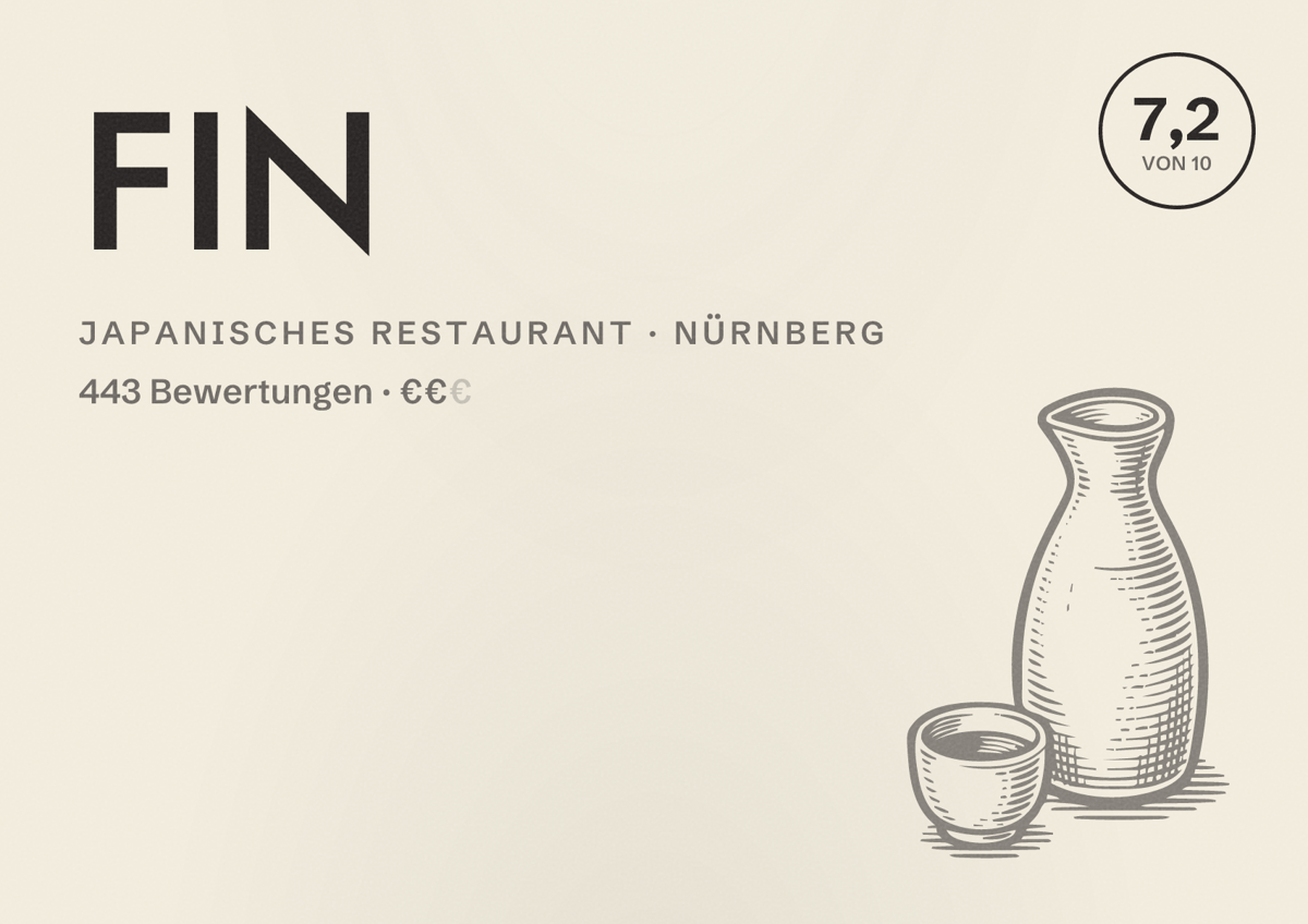 Illustriertes Poster von FIN, Japanisches Restaurant in Nürnberg: Bewertung 7,2 von 10 aus 443 Bewertungen, Preisniveau €€